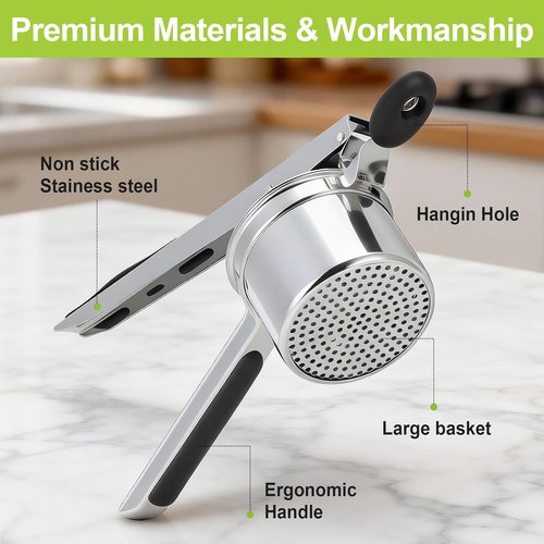 **Skiennix Potato Ricer - Heavy Duty Stainless Steel Masher with Ergonomic Handle & 3 Discs**