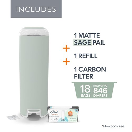 Diaper Genie Platinum Pail - Durable Stainless Steel | Sage Green | Includes 1 Easy Roll Refill with 18 Bags