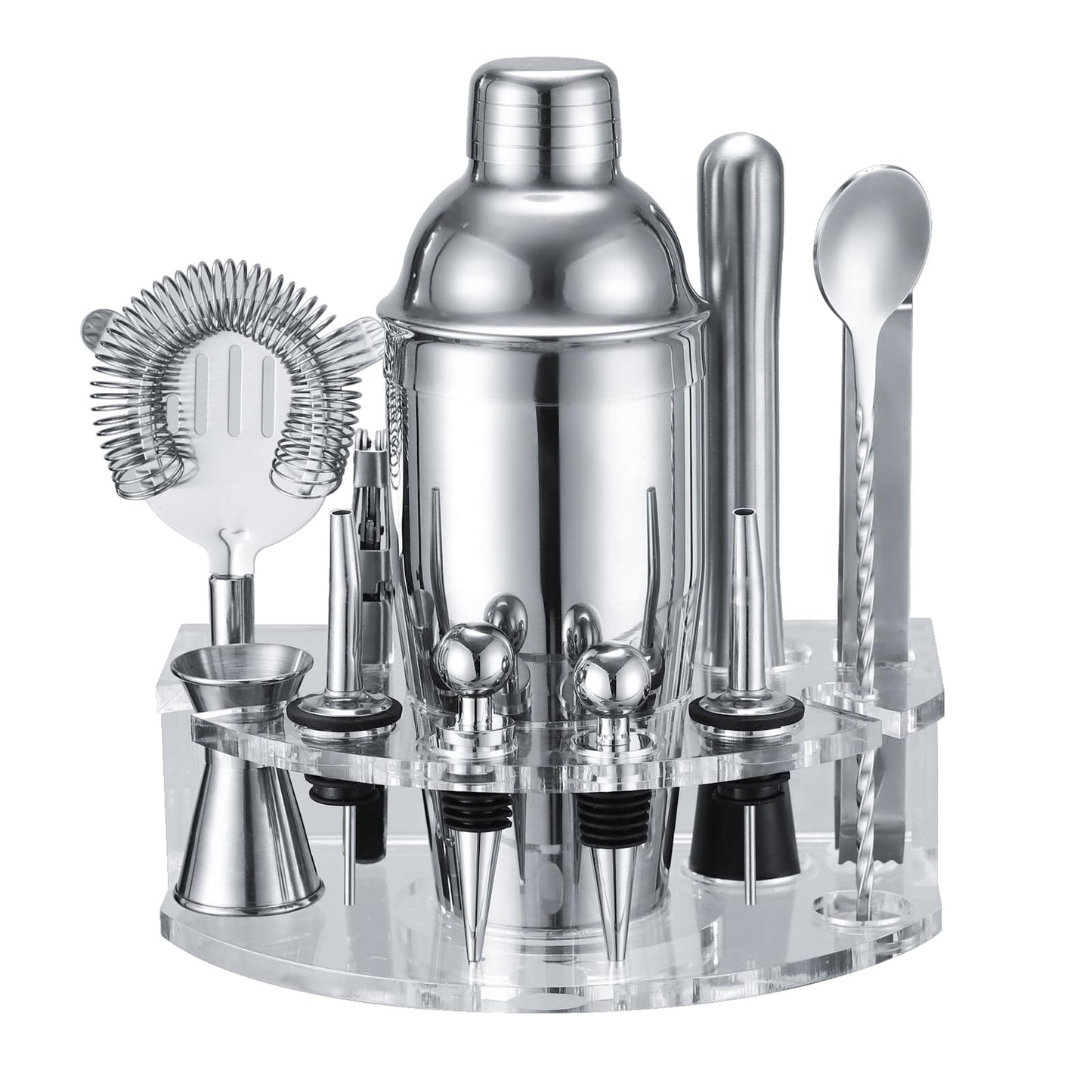 Bartender Kit Cocktail Shaker Set, Stainless Steel Cocktail Kit with 12 Piece Bar Accessories, 25oz Shaker Bar Set Drink Mixer Set with Stand Jigger Strainer Spoon Muddler for Cocktails (Silver)