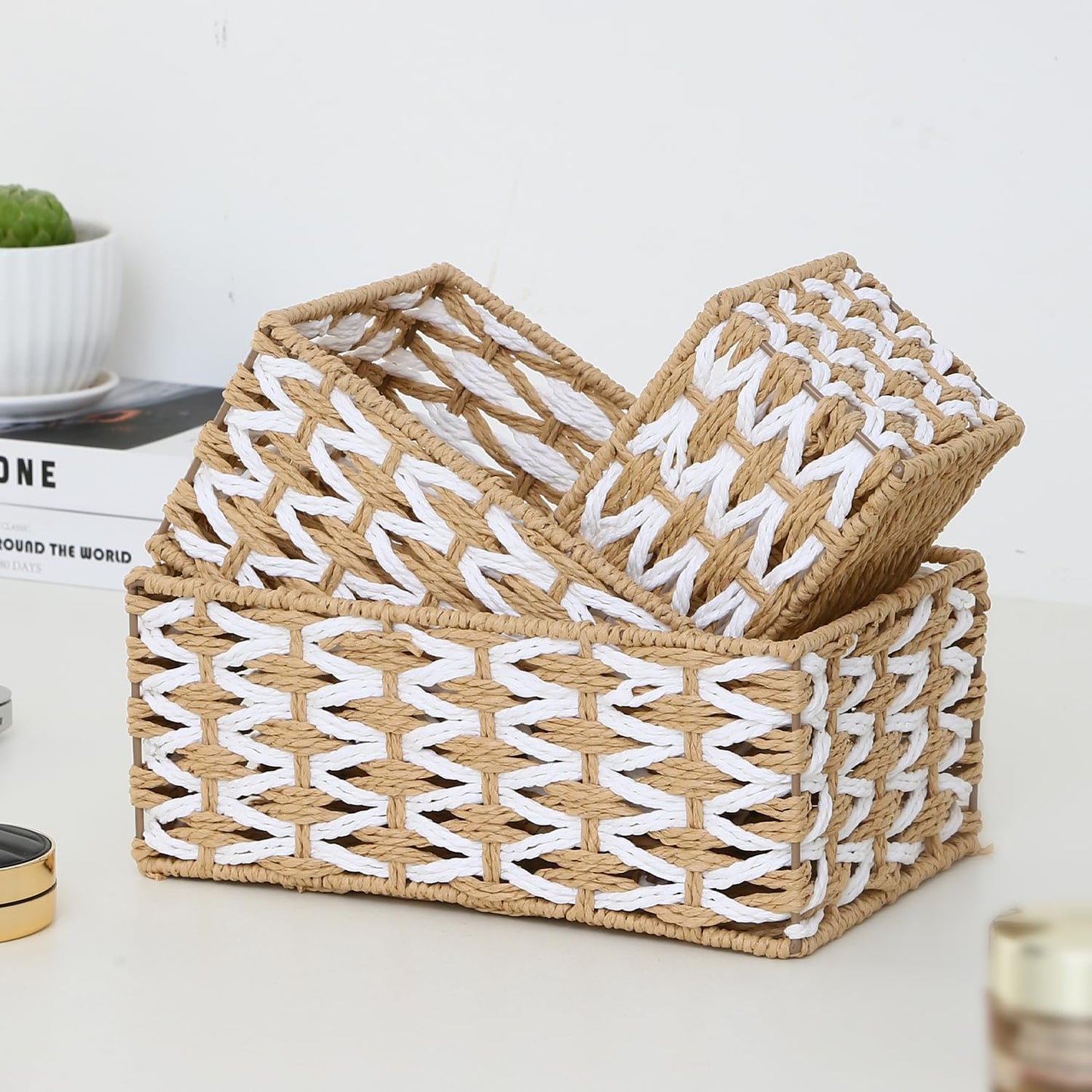 HANMYSTYLE Storage basket Flower weaving storage basket hand-woven organizing Kids room storage snacks sundries toiletries toys set of 3(rectangle)