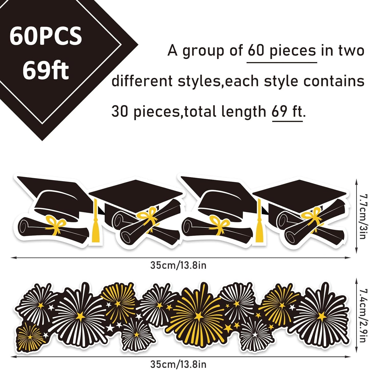Whaline Graduation Bulletin Board Border - 69Ft Black, Gold & White Cap Firework Design for School Decor