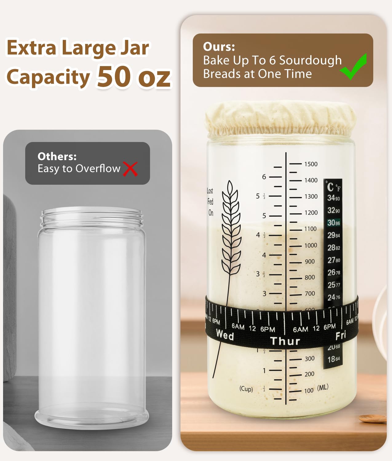 Keafont 50oz Sourdough Starter Jar Kit, Large Capacity Sourdough Jar, Wide Mouth Sourdough Bread Starter Kit for Perfect Sour Dough Bread, Sourdough Starter Kit (Black, 2 Pack)