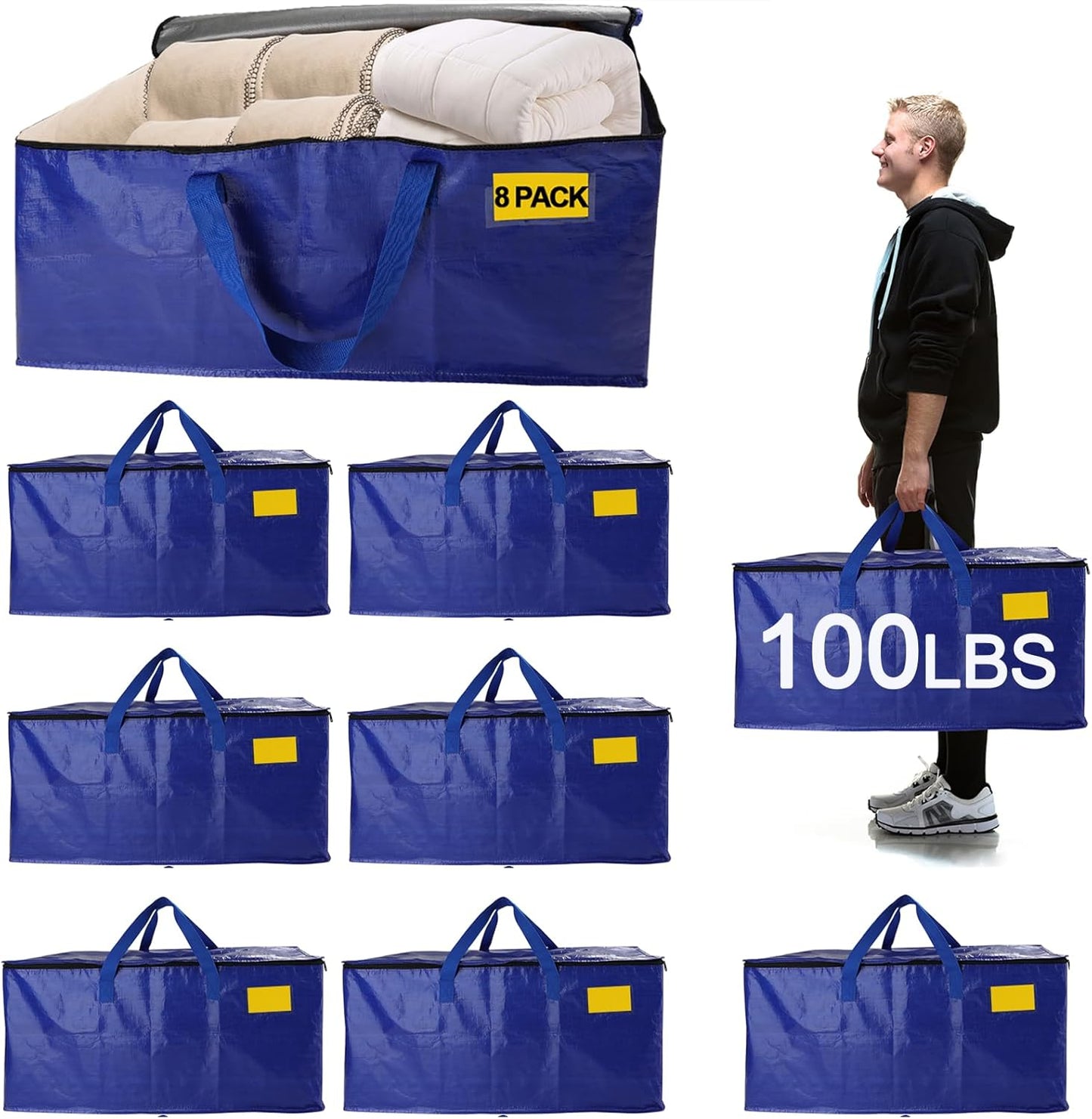Skiennix 8-Pack Waterproof Moving Bags - Heavy-Duty 100lb Capacity Totes for Packing & Storage | 95L, Blue