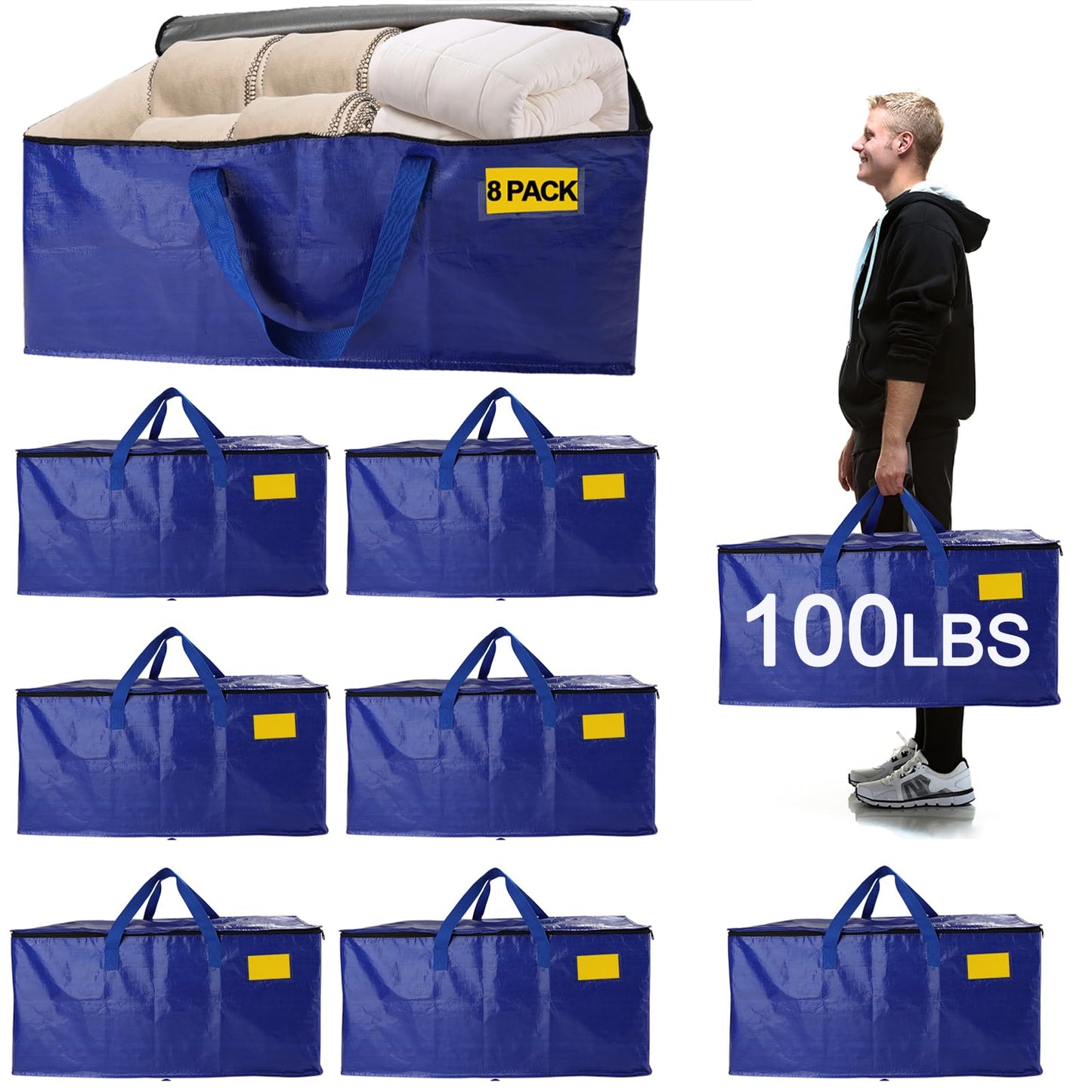 8 Pack Waterproof Moving Bags with Strong Zippers and Reinforced Handles, Real 100lb Capacity Extra Heavy Duty Large Storage Totes for Packing & Moving Storing, Alternative to Moving Boxes -95L,Blue