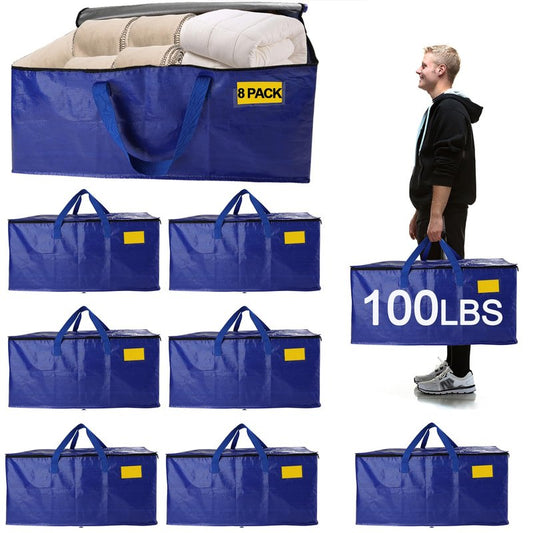 8 Pack Waterproof Moving Bags with Strong Zippers and Reinforced Handles, Real 100lb Capacity Extra Heavy Duty Large Storage Totes for Packing & Moving Storing, Alternative to Moving Boxes -95L,Blue