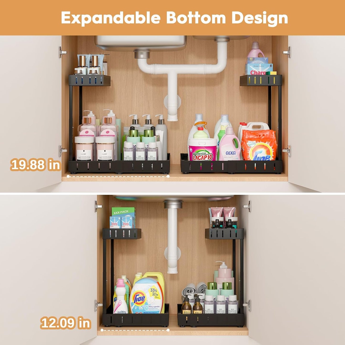 REALINN Under Sink Organizer - Adjustable 2-Tier Pull-Out Storage for Kitchen & Bathroom - Black, 2 Pack