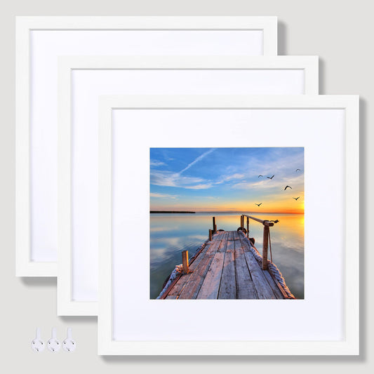 Hongkee 12x12 White Picture Frame set of 3, Made of Real Glass and Wooden Square Photo frame - Displays Picture 8x8 With Mat or 12 x 12 Without Mat, Desktop & Wall Collage Photo Frame