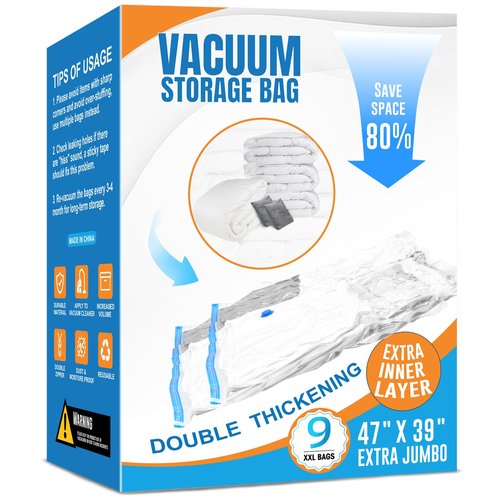 9 Pack XXL Jumbo Vacuum Storage Bags, Double-layer Design Leak-proof and Puncture-resistant, Extra Large Space Saver Vacuum Seal Bags for Comforters, Bedding, Blankets, Huge Stuffed Toy (47.2x39.4 in)