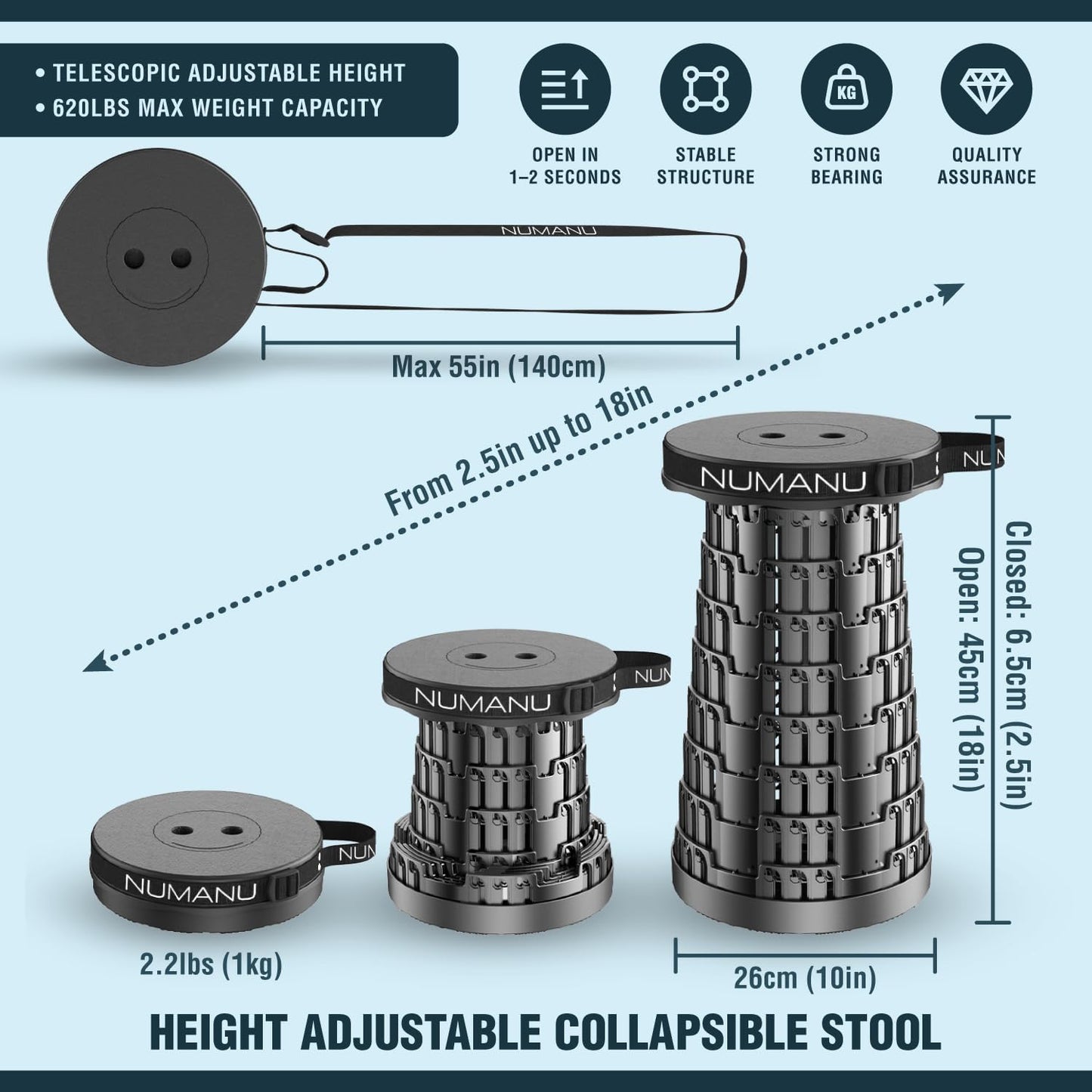 NUMANU Collapsible Stool - Upgraded 2026 Design, Max 620lbs Capacity, 18" Adjustable Height, Portable Folding Chair