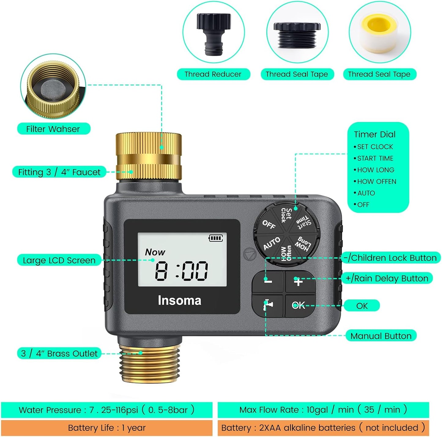 Sprinkler Timer - Programmable Water Timer with Brass Inlet/Outlet for Garden Hose | 1 Outlet with Rain Delay