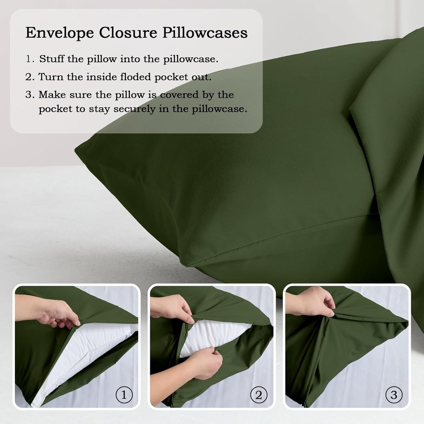 Q&J Fabric Co. Standard Size Pillow Cases - Soft Brushed Microfiber, Wrinkle-Free, Olive Green (Set of 2)