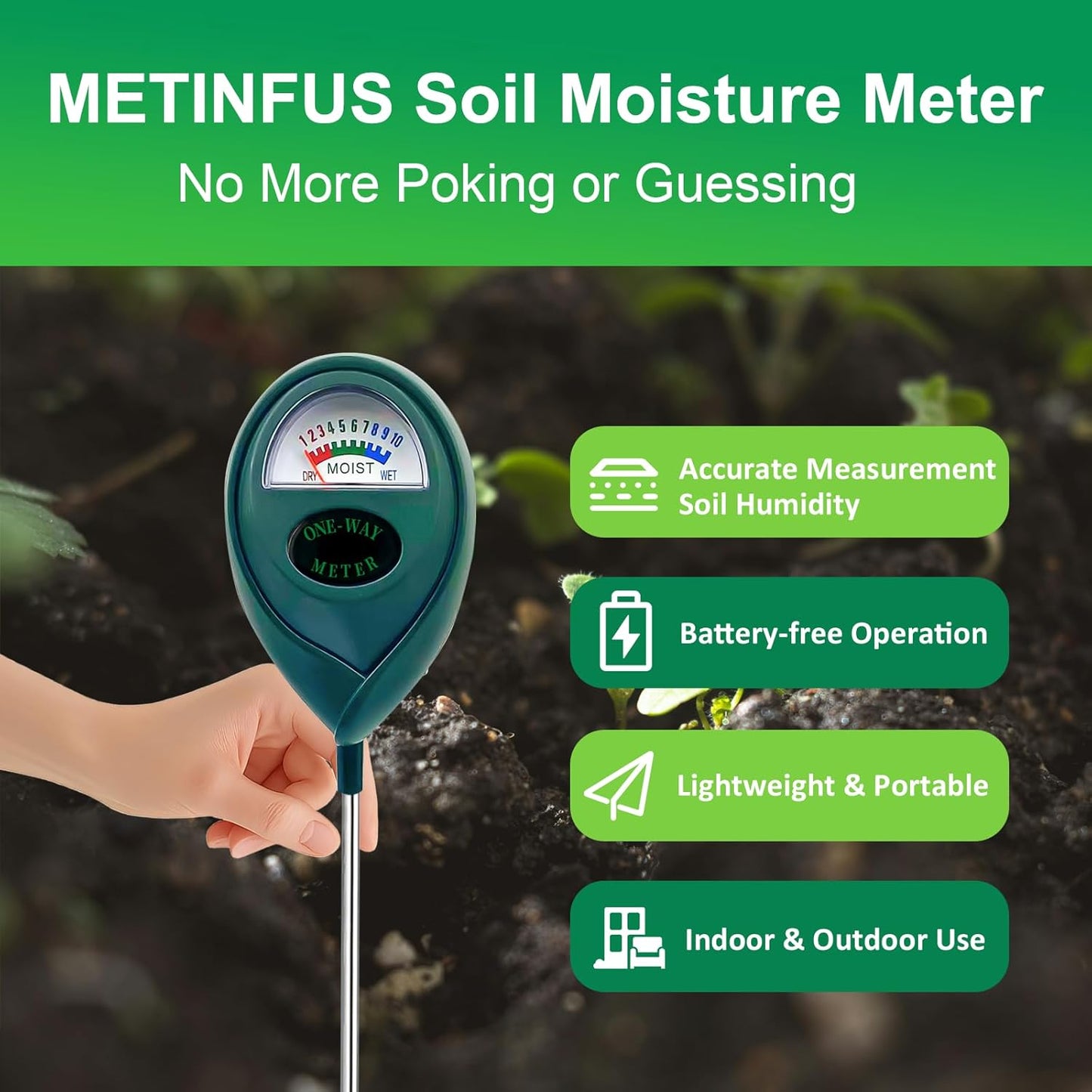 Soil Moisture Meter - Green Hygrometer Sensor for Indoor & Outdoor Plants | No Battery Required