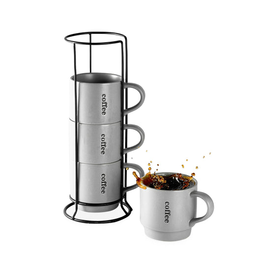 LAUCHUH Stackable Coffee Mug Set with Rack - 15 Ounce Porcelain Coffee Mugs for Coffee, Tea, Cocoa, Milk, Mug Set of 4 for Thanksgiving, Grey