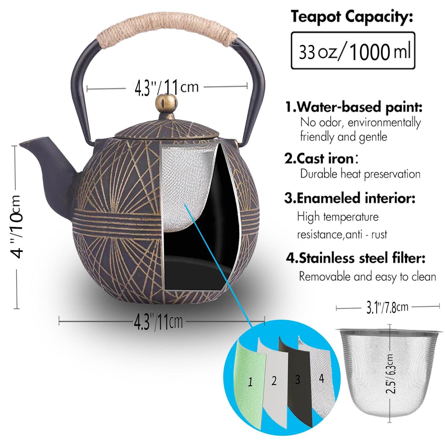 Enameled Cast Iron Teapot 34oz（1000ml） - Japanese Style Kettle with Removable Stainless Infuser & Ergonomic Handle, Stovetop Safe for Loose Leaf Tea Green and silver (Black Gold)