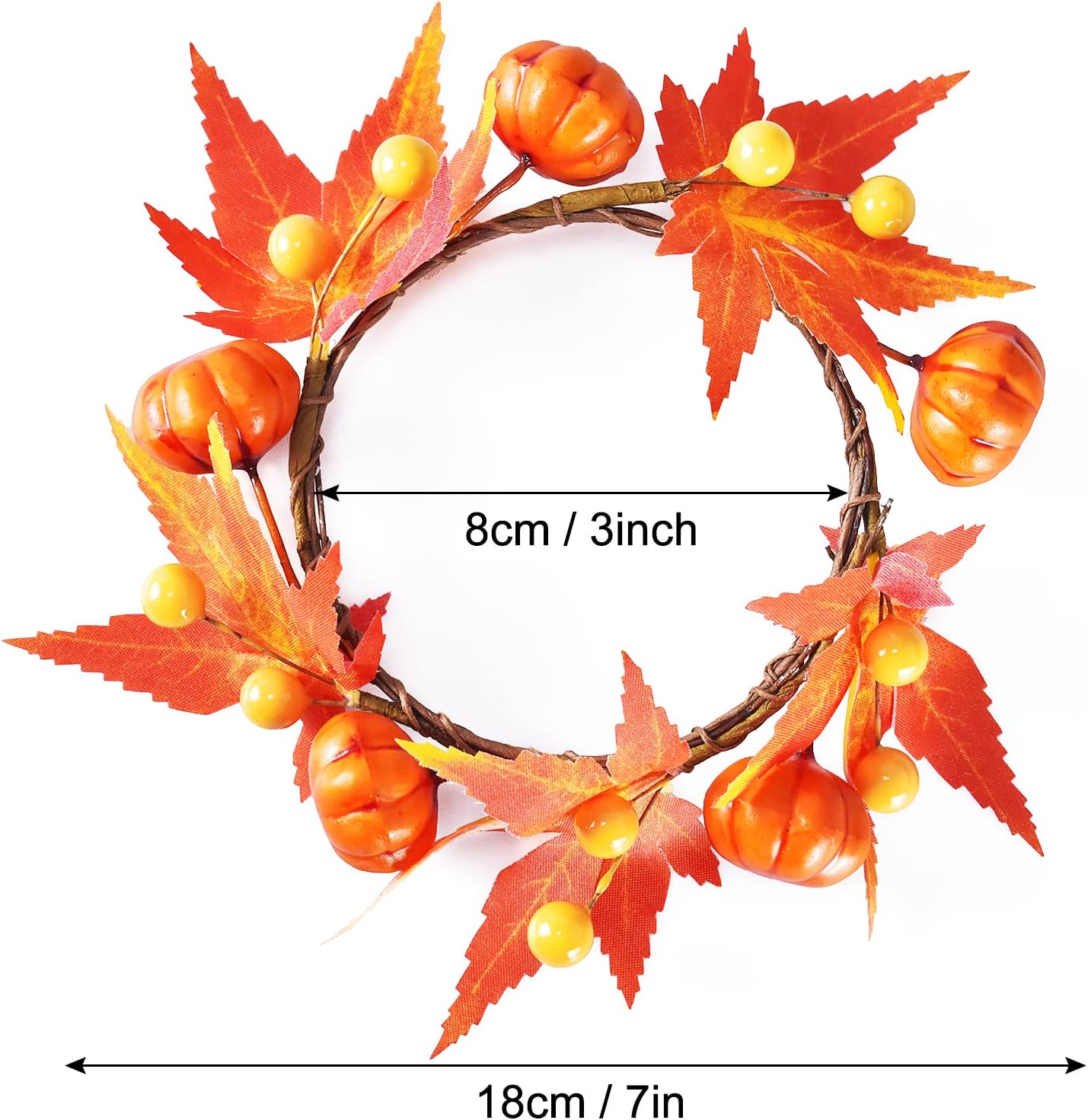 Skiennix Fall Candle Rings - Artificial Pumpkin & Maple Leaf Wreaths for Autumn Decor | 3.1" ID / 7" OD