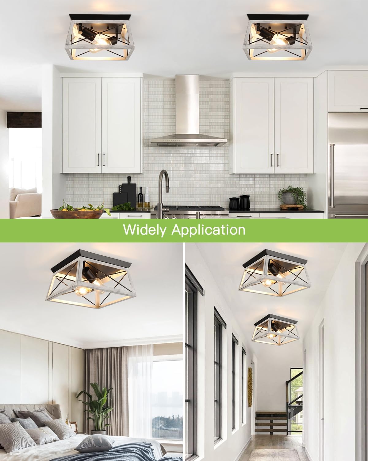 Farmhouse Flush Mount Ceiling Light Oak White Ceiling Light Fixtures 2-Light Industrial Vintage Metal-Framed Ceiling Lighting for Hallway Foyer Kitchen Dining Room Bedroom Living Room Laundry