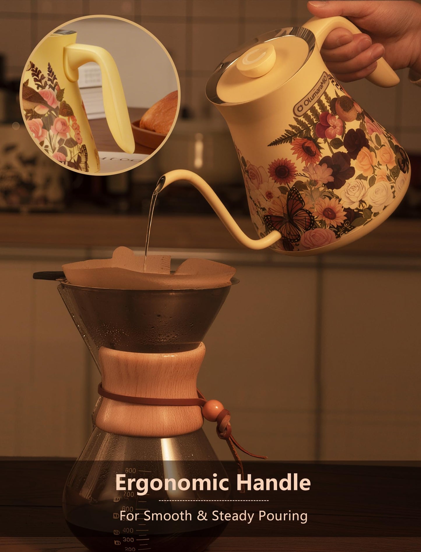 Olumaramio 0.8L/27oz Gooseneck Electric Kettle - ±1℉ Precise Temperature Control for Pour Over Coffee & Tea, 1200W Fast Heating, Auto Shut-Off, Built-in Brew Timer, BPA-Free Stainless Steel, Floral