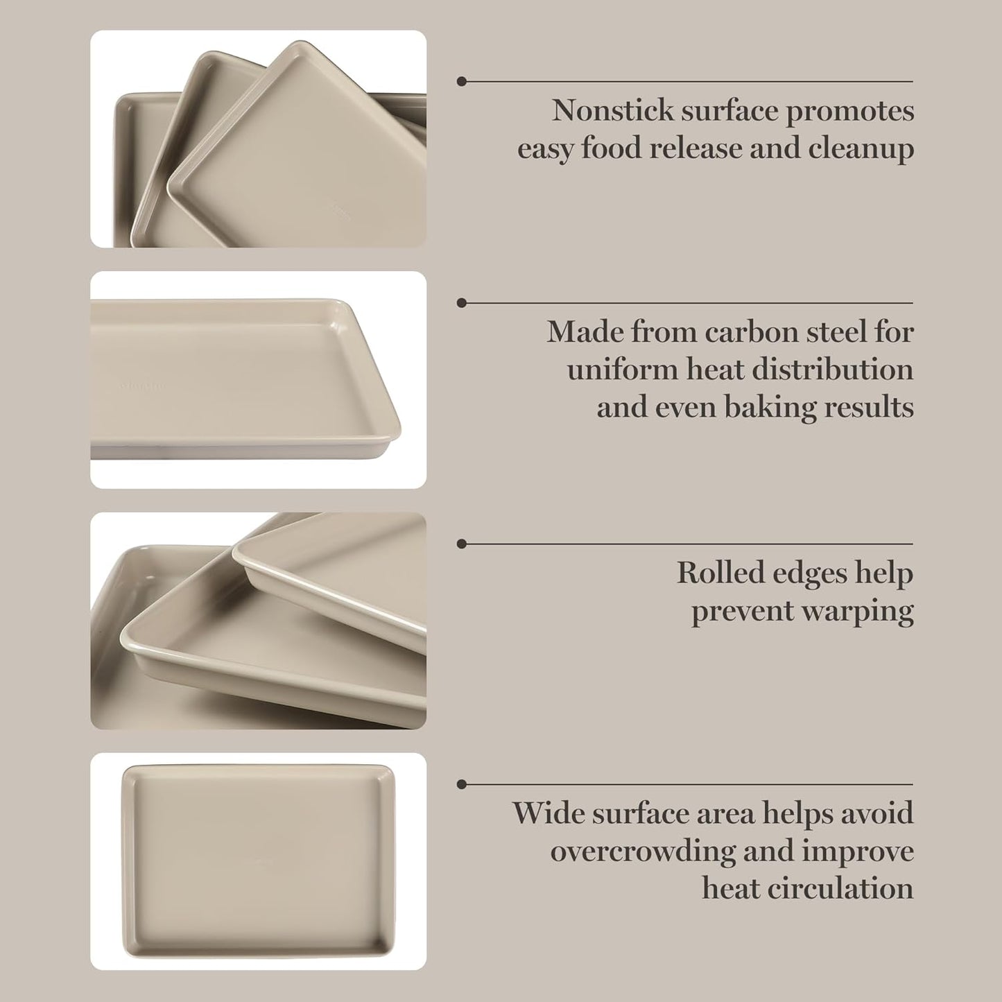 Martha Stewart Gallen 3-Piece Cookie Sheet Set | Nonstick Ceramic Baking Pans - 13", 15", 17", Taupe