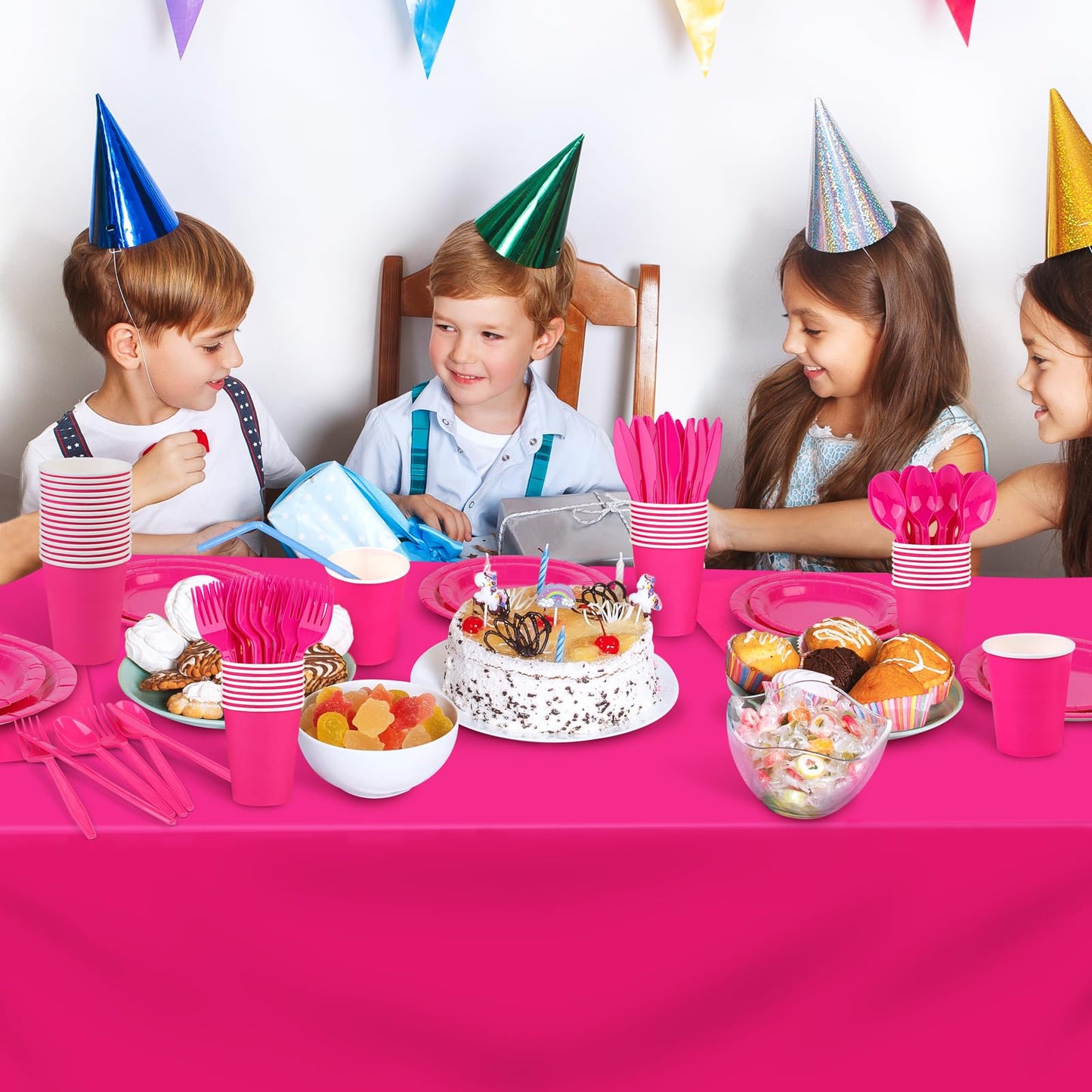 Kochorie 169 Pieces Hot Pink Party Supplies Disposable Dinnerware Set Include Plates and Cups Napkins Plastic Forks Knives Spoons Tablecloth for Wedding Birthday Party Decorations, Serve 24 Guests