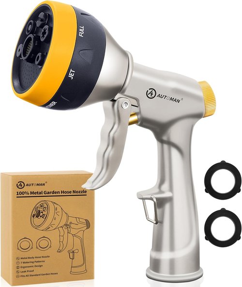 AUTOMAN High Pressure Garden Nozzle - 100% Metal, 7 Spray Patterns for Efficient Watering & Cleaning
