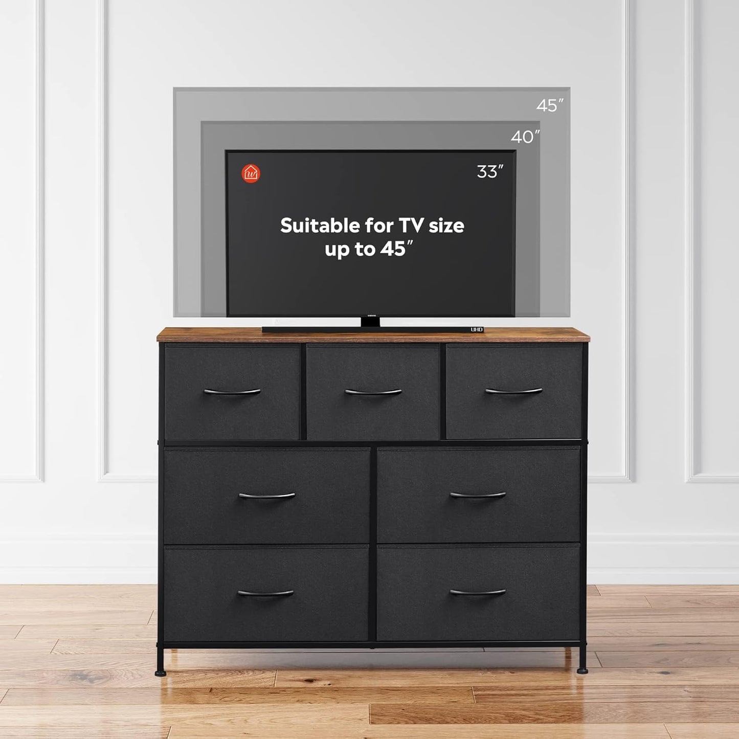WLIVE 7 Drawer Dresser | Stylish TV Stand & Media Console for TVs Up to 45 Inches | Black & Rustic Brown