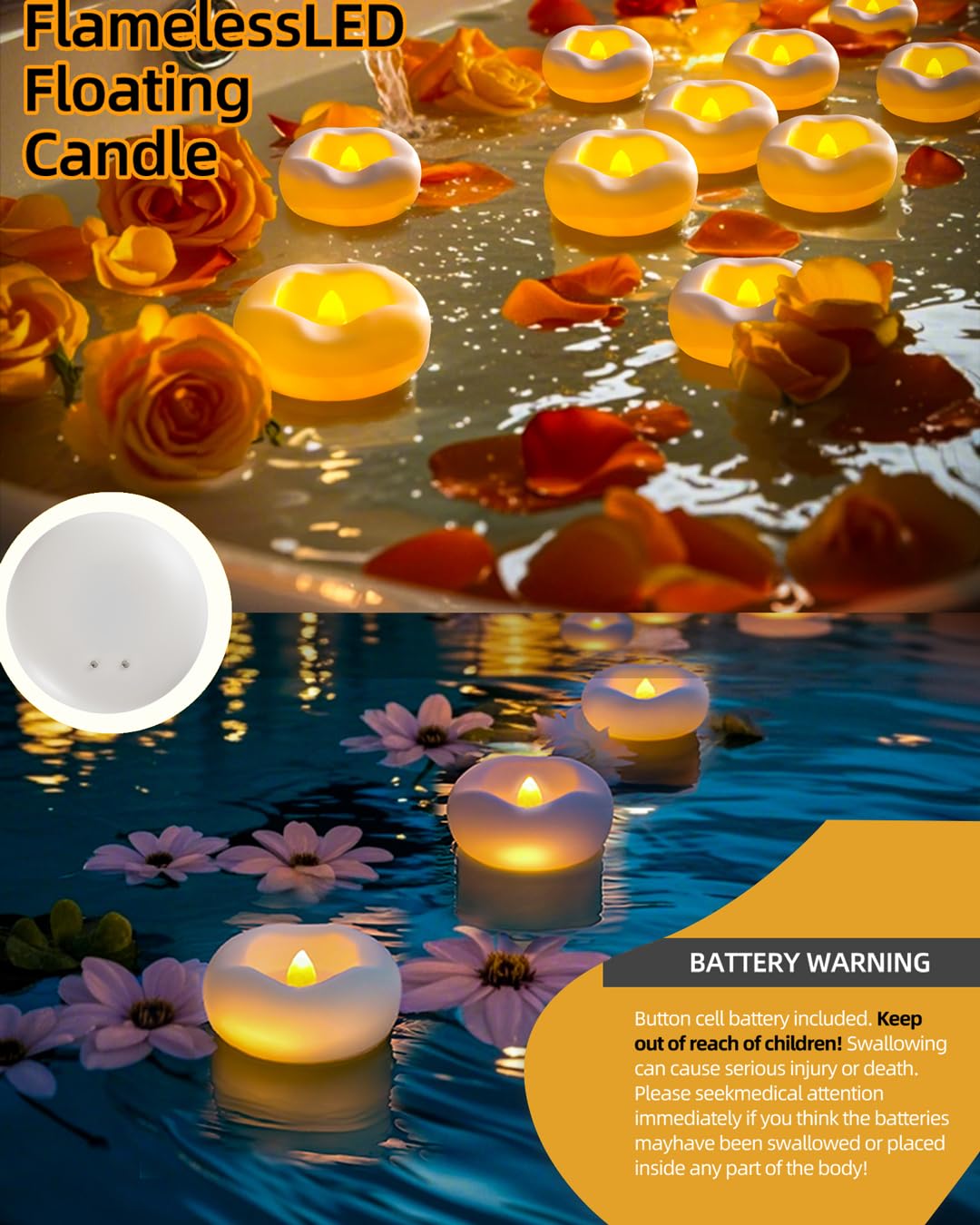 Auemaniliy 24 x 2”Floating Candle, 200 Hour Water Activated Warm White Battery Powered Flameless LED Floating Candle Floating for centerpieces/Bathtub/Pool/Fountain