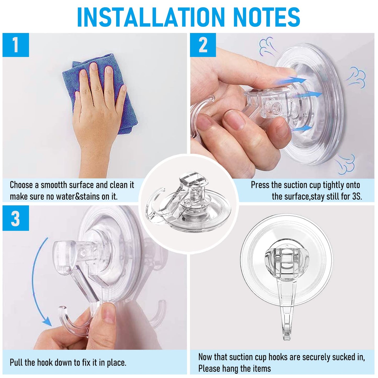 Quntis Suction Cup Hooks 4 Pack, Multi-Purpose Clear Shower Suction Hooks Waterproof Heavy Duty Wreath Hanger for Bathroom, Window, Towel, Shower Wall, Tile, Glass Door, Camper