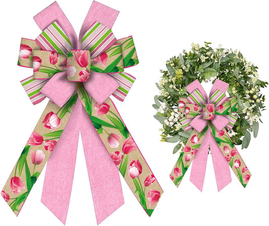 ALIBBON Large Spring Bows - Pink Tulip Wreath Bows for Front Door | Perfect Spring Decor