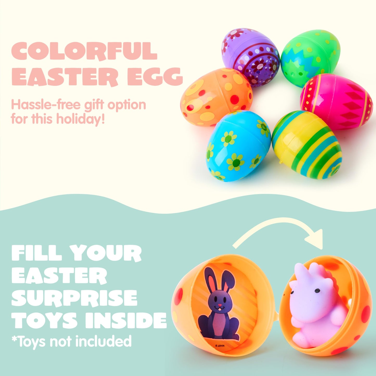 JOYIN 50 Pcs Plastic Printed Bright Easter Eggs 2.3" Tall for Easter Hunt, Basket Stuffers Fillers, Classroom Prize Supplies, Filling Treats and Party Favor