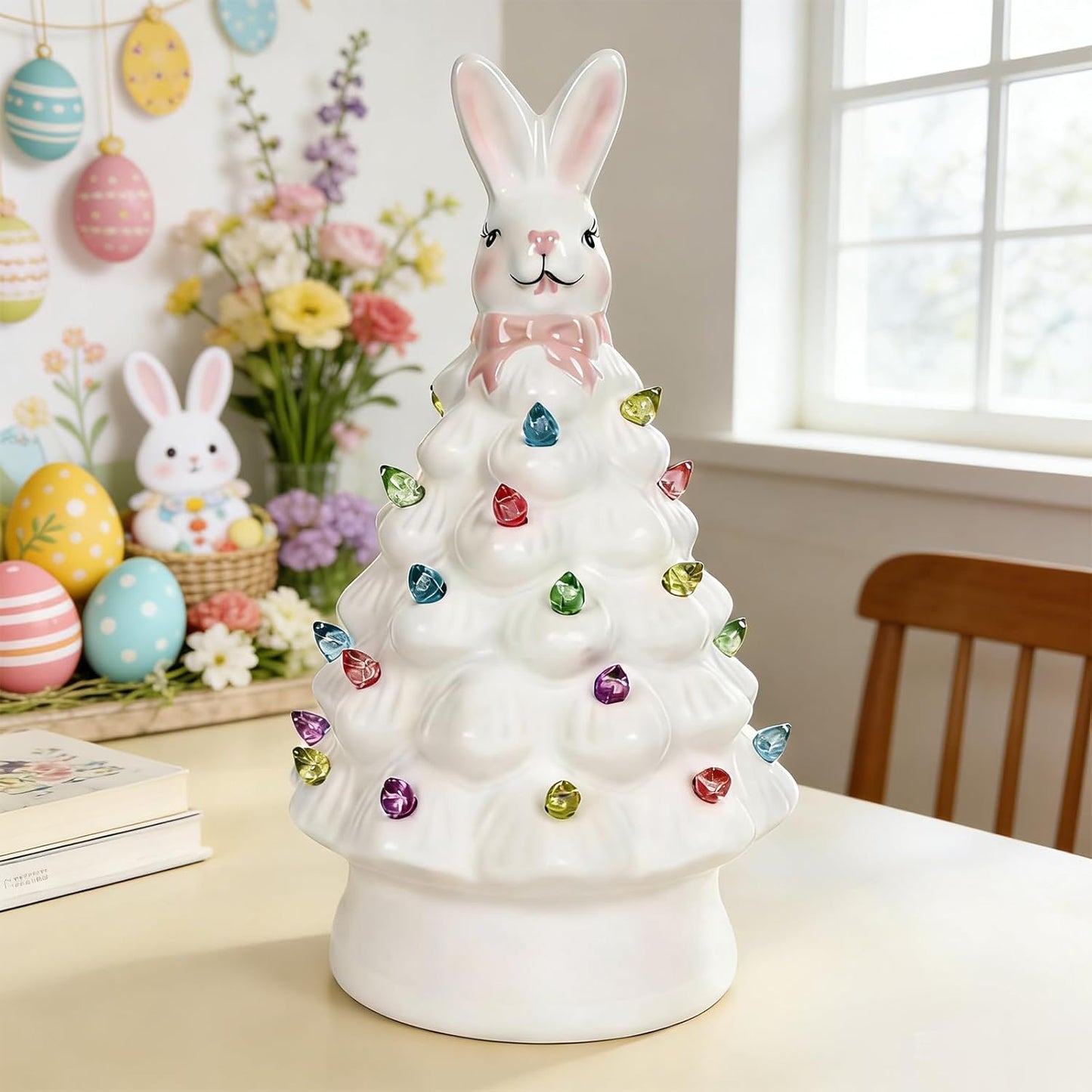 Skiennix Easter Decorations - Adorable Ceramic Bunny Tree Night Light for Home & Kids' Gifts