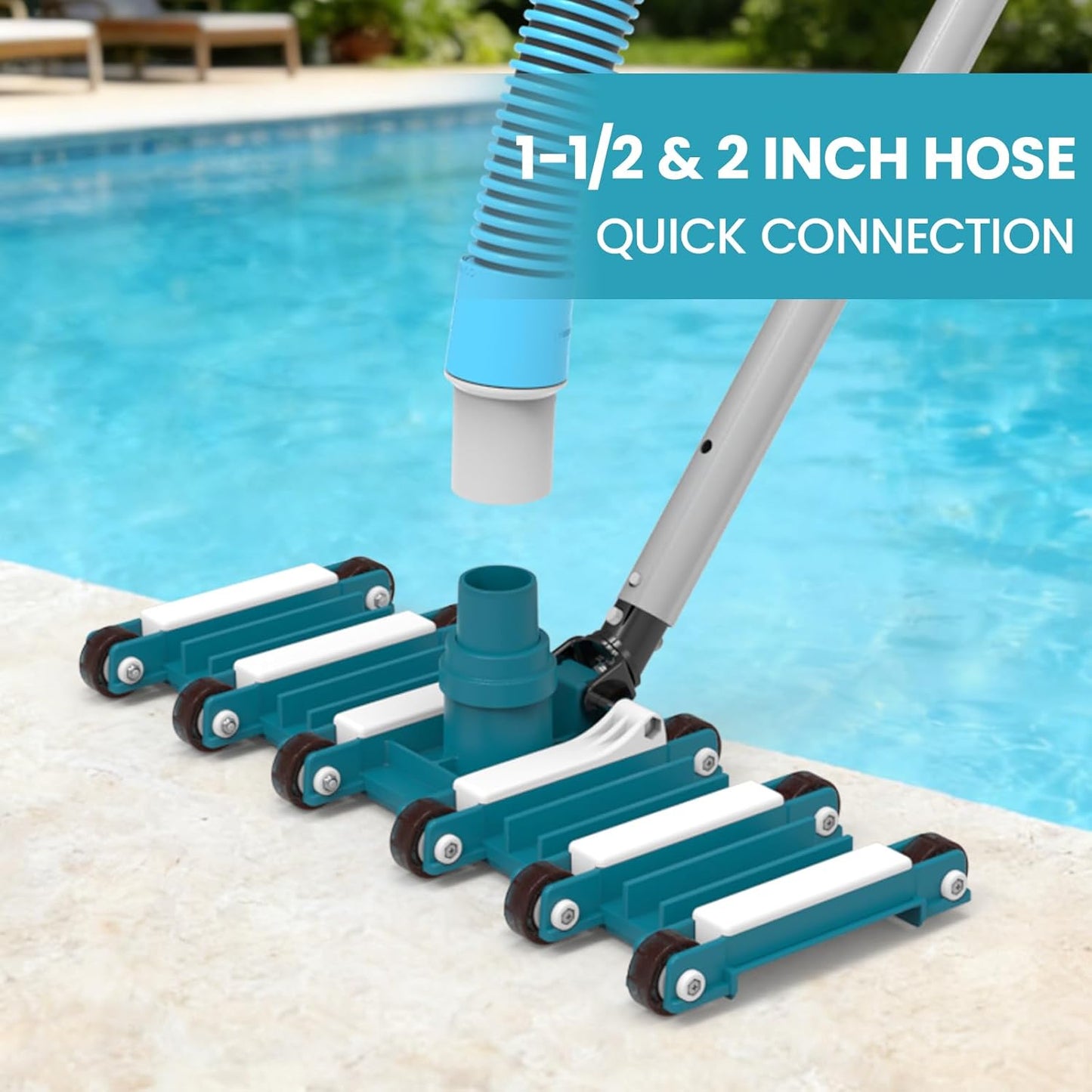 POOLWHALE 19" Heavy Duty Pool Vacuum Head - Flexible, Extra-Wide with Wheels & Swivel Handle for Easy Cleaning
