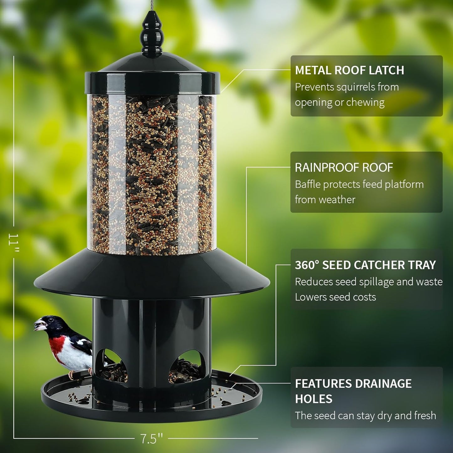 Regine Switzerland Squirrel Proof Bird Feeder - 360° Feeding Perch Tray for Outdoor Use, Dark Green