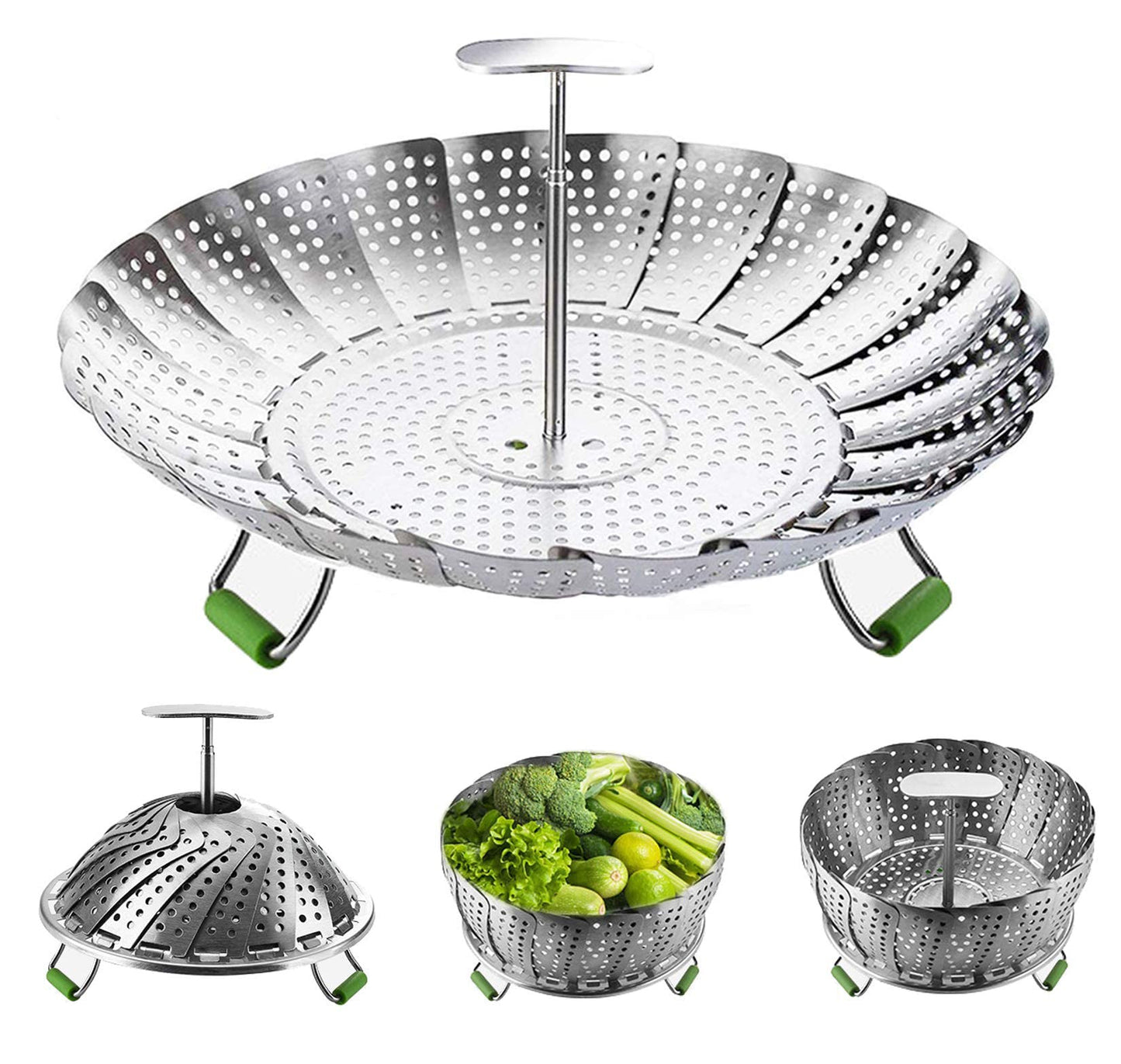 Stainless Steel Veggie Steamer Basket with Folding Handle - Expandable to Fit Pots 6.4" to 10"