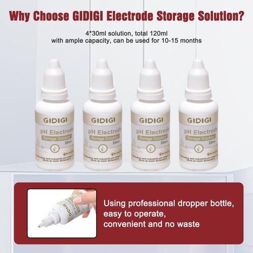 GIDIGI pH Electrode Storage Solution, 4-Pack 30ml pH Probe Solution for pH Meter and ORP Meter, 3 MOL KCL Electrode Filling/Storage Solution for Laboratory and Industrial Use