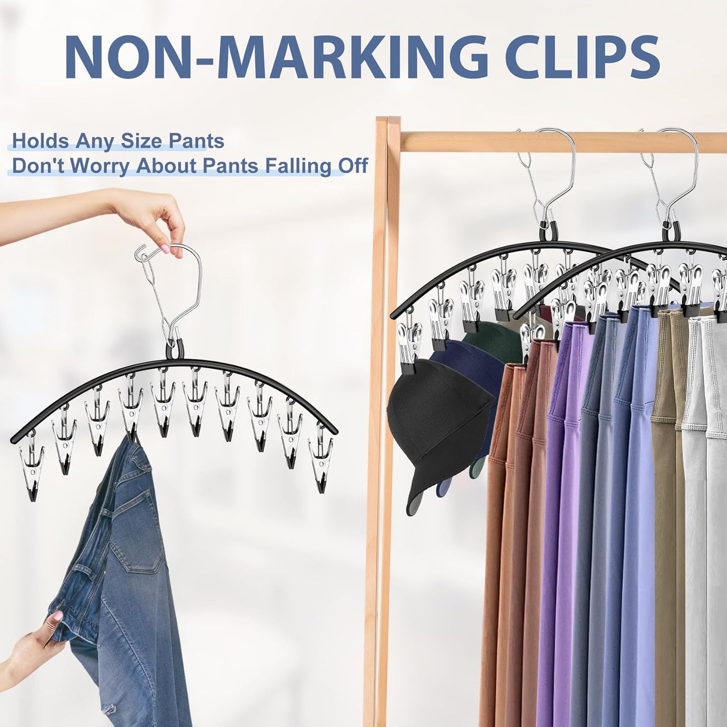 Skiennix 3-Pack Skirt Pants Hangers - Space-Saving Closet Organizer with 10 Clips for Leggings & Shorts | Black