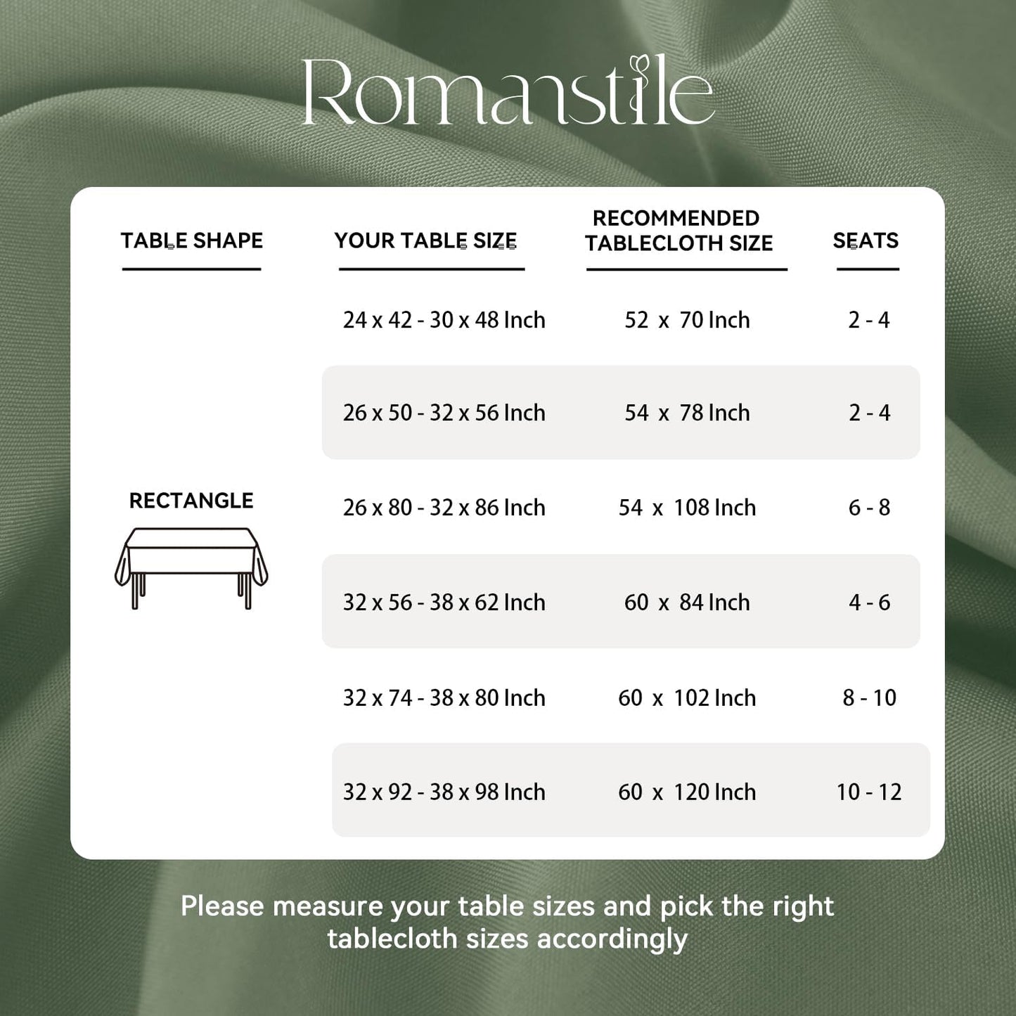 Romanstile Spring Rectangle Tablecloth - Waterproof and Wrinkle Resistant Washable Polyester Table Cloth for Kitchen Dining/Party/Wedding Indoor and Outdoor Use (52 x 70 inch, Sage Green)
