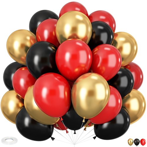 HILAVO Red Black and Gold Balloons, 60Pcs 12 Inch Red and Black Gold Party Balloons Casino Theme Party Decoration for Graduation New Year Casino Movies Night Festival Birthday Party Decorations
