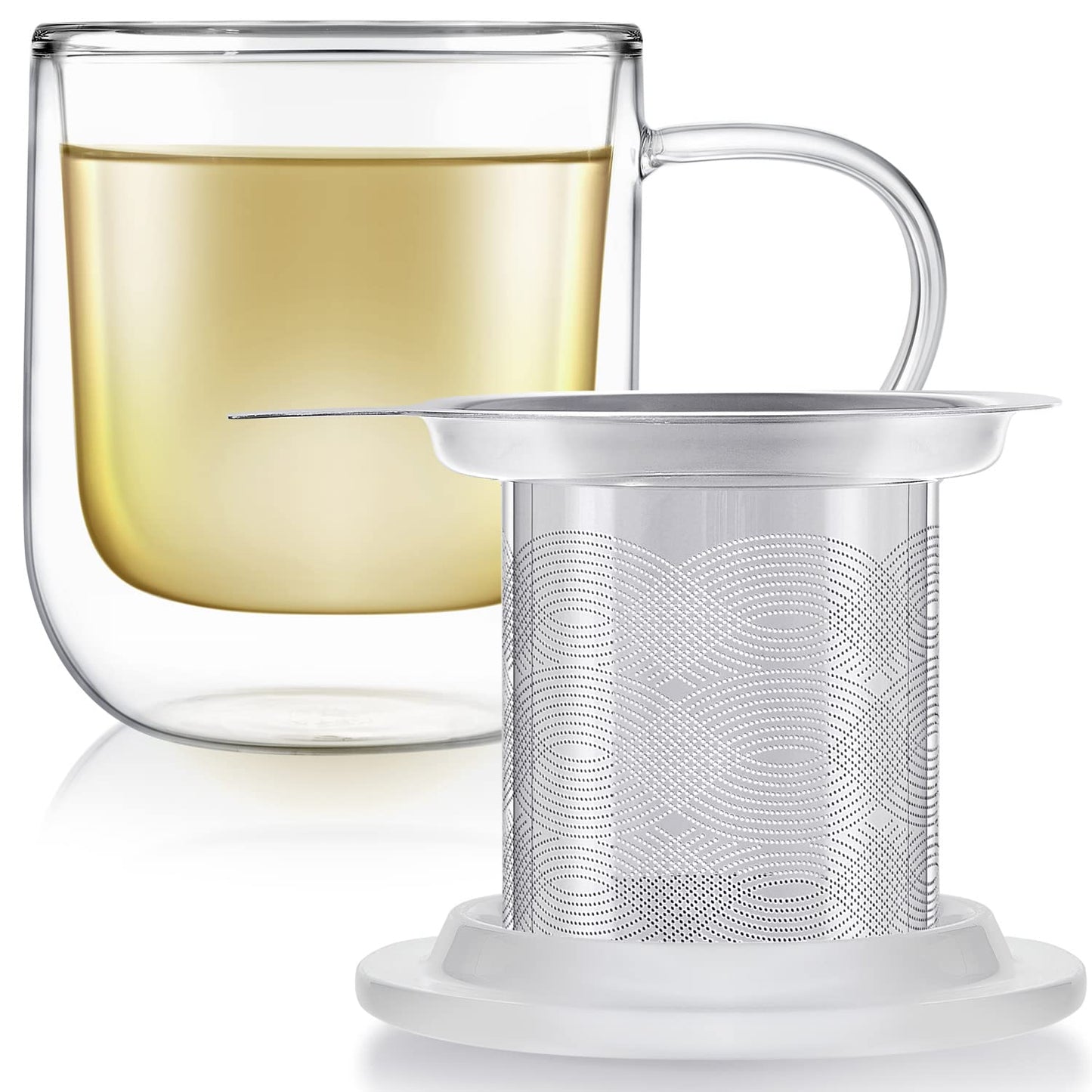 Teabloom Tea-For-One Steeping Mug – Insulated Double Wall Glass Mug (12 oz), Stainless Steel Infuser, Porcelain Lid/Coaster – Radiance Brewing Mug