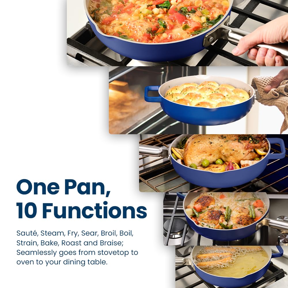 Nutricook 10.5” Ceramic Nonstick Pan with Lid, Steamer & Spatula | PTFE & PFOA Free | Oven Safe, Induction Compatible | 10-in-1 Multi-Function Cookware for Saute, Frying, Searing, Steaming & Baking