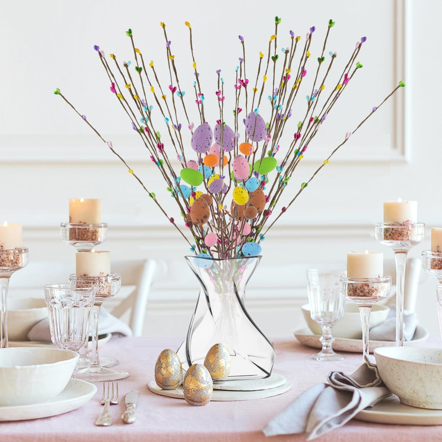 Draupnir 48PCS Artificial Easter Spray Vine, Pastel Easter Eggs and Berries, Easter Egg Twig Branches, Easter Egg Branches for Easter Home Decoration and Flower Arrangement