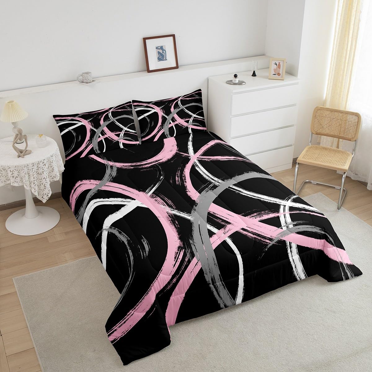 Feelyou Kids Pink Black White Geometric Comforter Set Queen Size Stripes Bedding Set for Boys Girls Teens Bedroom Decor Abstract Comforter Women Men Modern Duvet Set with 2 Pillow Case