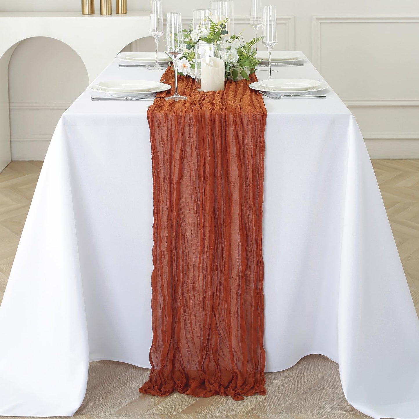 meioro Cheesecloth Table Runner 13.3 FT Terracotta Boho Gauze Cheese Cloth Runner 160 Inches Long Rustic Sheer Table Runners for Christmas Wedding Bridal Baby Shower Birthday Party Decoration