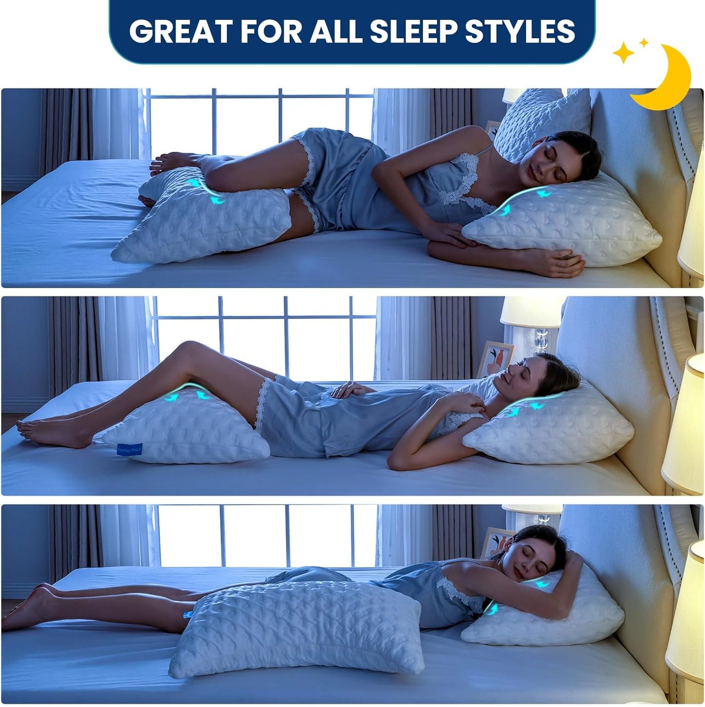 Skiennix Side Sleeper Pillow - Ergonomic Curved Design with Adjustable Memory Foam & Cooling Cover, Queen Size