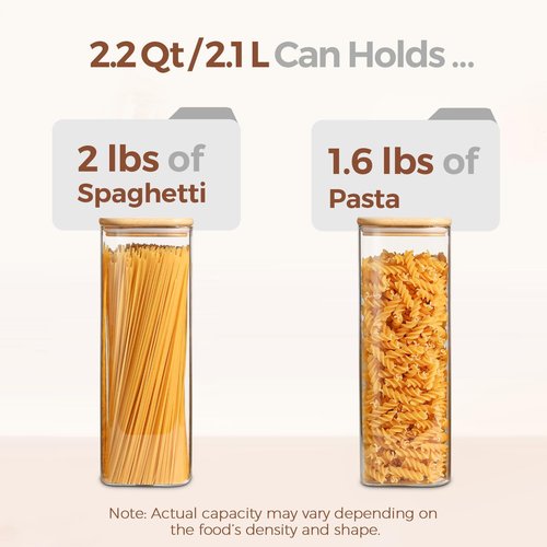 ComSaf Glass Spaghetti Storage Containers - Airtight 2.2 Qt Set of 3 | Tall Clear Jars for Pasta, Flour, and More