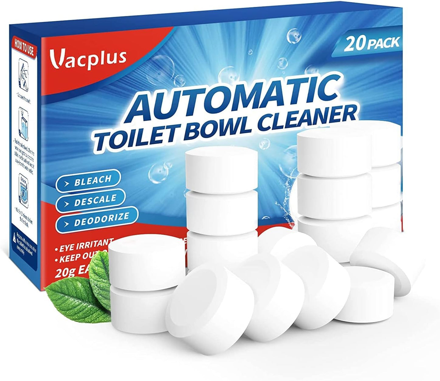 Vacplus Toilet Bowl Cleaner Tablets - 20-Pack Automatic Bleach Cleaners for Deodorizing & Descaling
