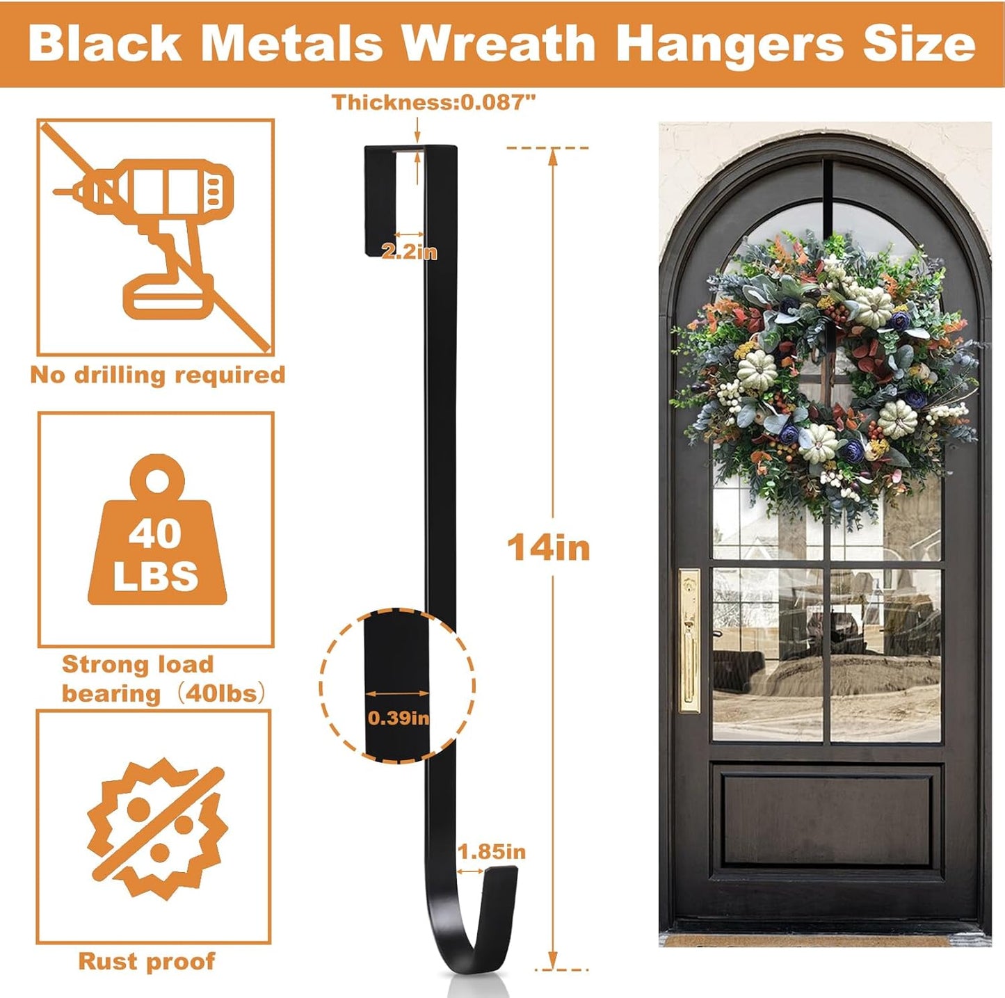 PECULA Wreath Hangers - 2 Pack 14" Metal Hangers for Front Door | 40lb Load-Bearing, Black Finish