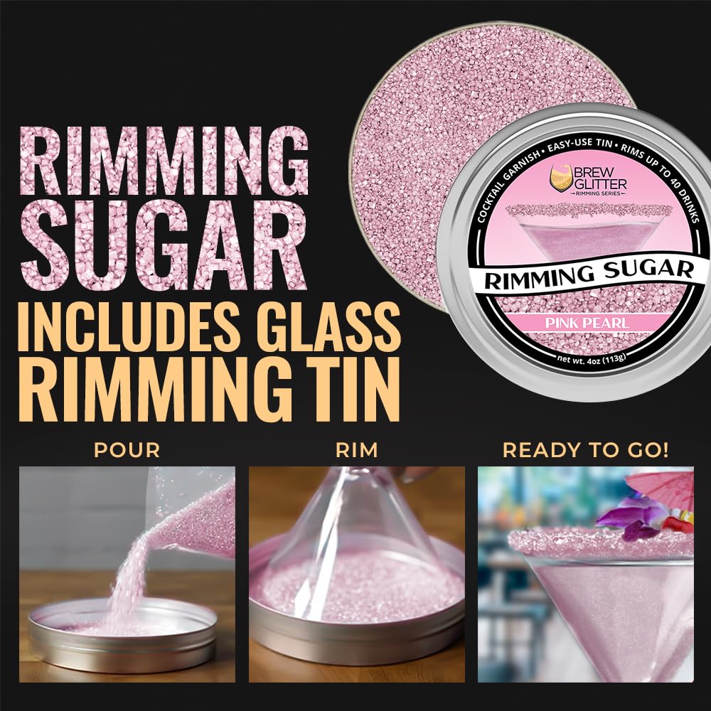 Brew Glitter - Pink Rimming Sugar (4oz, 1x Bar Tin) Cocktail Garnish for Mixed Drinks & Refreshments
