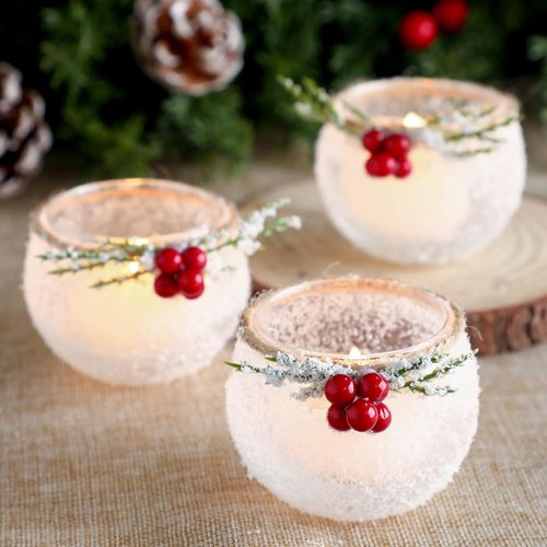 Funnymoom Christmas Votive Candle Holders - 6 Pcs Snowy & Red Berry Design for Table Centerpiece | Indoor Decor