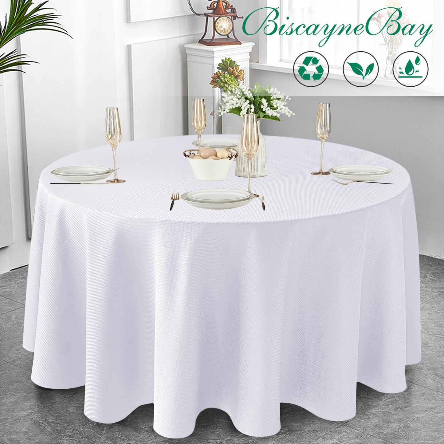Biscaynebay 2 Pack Textured Fabric Round Tablecloths 60'' for Tables diameters from 28" to 48", White Table Cloth Water Resistant Small Circle Folding Table Covers for Dining Kitchen Wedding Parties