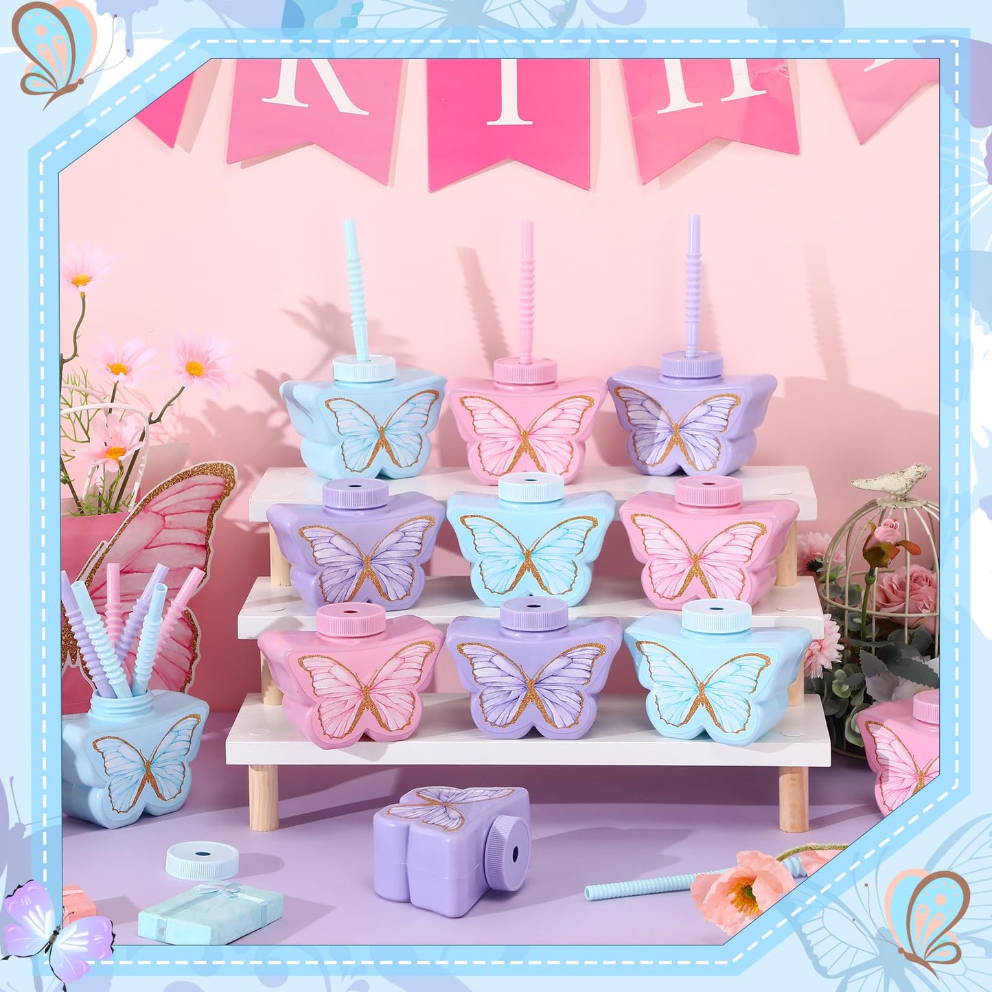 Mifoci 24 Pcs Butterfly Shape Cups Bulk, 10 oz Plastic Butterfly Themed Drinking Cups Pink and Purple Tea Party Supplies Fairy Birthday Party Decoration for Girls Wedding Baby Shower Favor